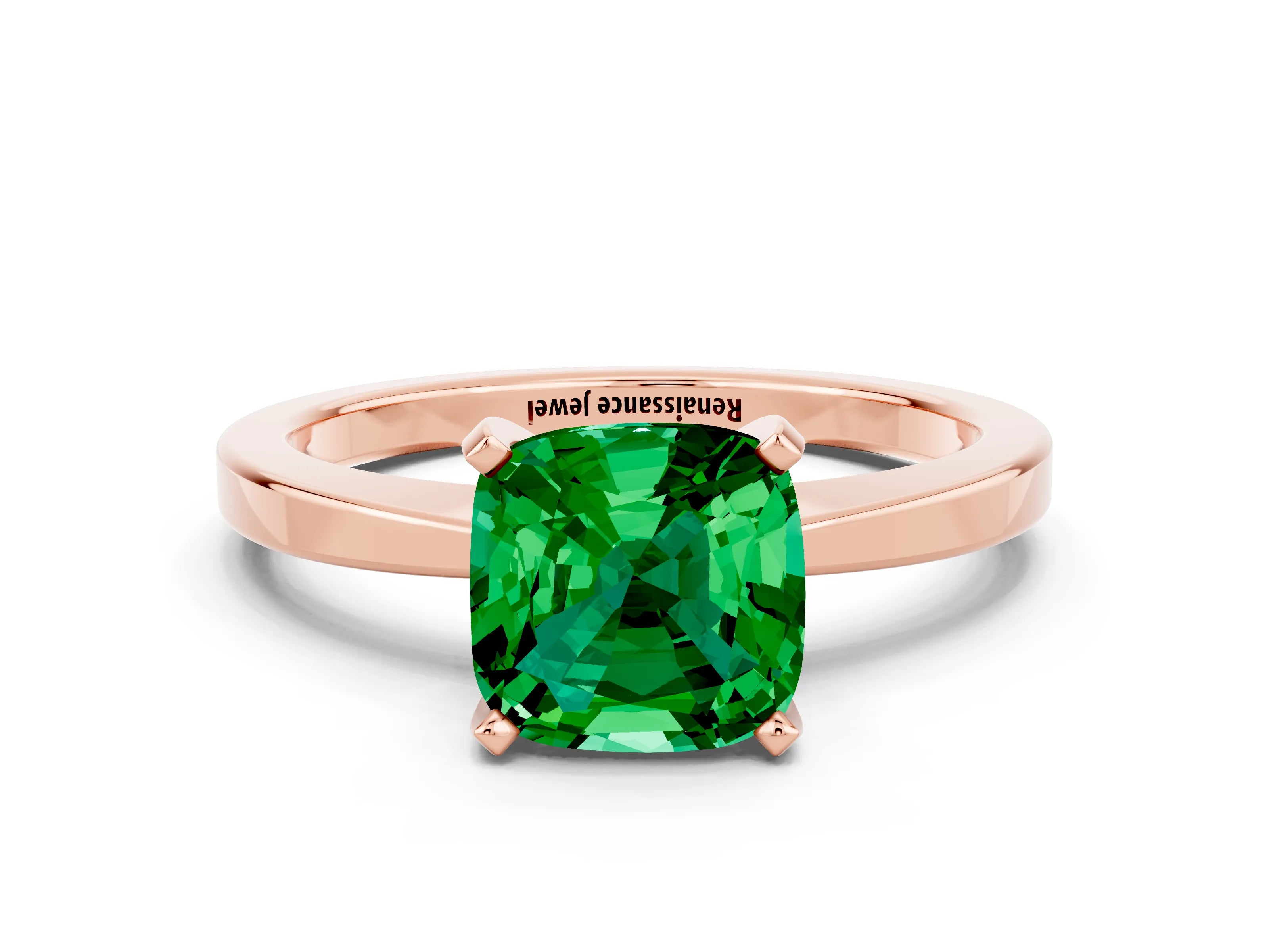 Rose gold Cushion Cut Emerald Solitaire Engagement Ring with Classic Band and Four-Prong Setting_24