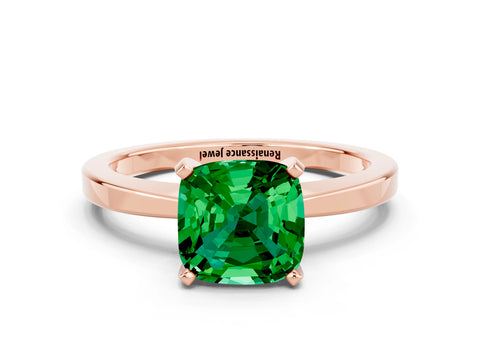 Rose gold Cushion Cut Emerald Solitaire Engagement Ring with Classic Band and Four-Prong Setting_24