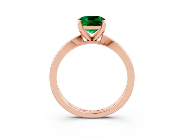 Rose gold Cushion Cut Emerald Solitaire Engagement Ring with Classic Band and Four-Prong Setting