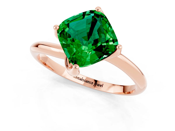 Rose gold Cushion Cut Emerald Solitaire Engagement Ring with Four-Prong Setting and Classic Band
