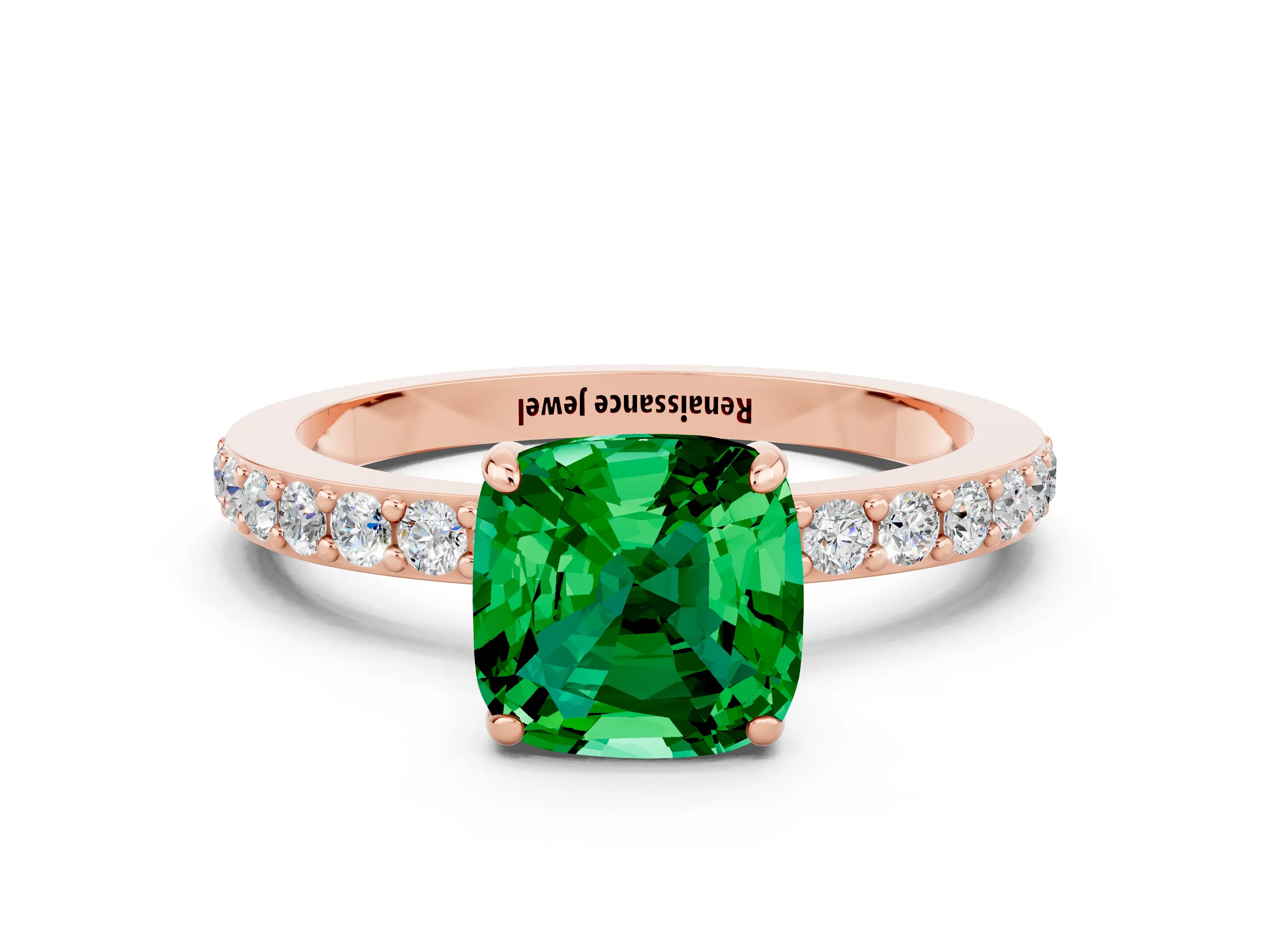 Rose gold Cushion Cut Emerald Solitaire Engagement Ring with Pavé Band and Four-Prong Setting