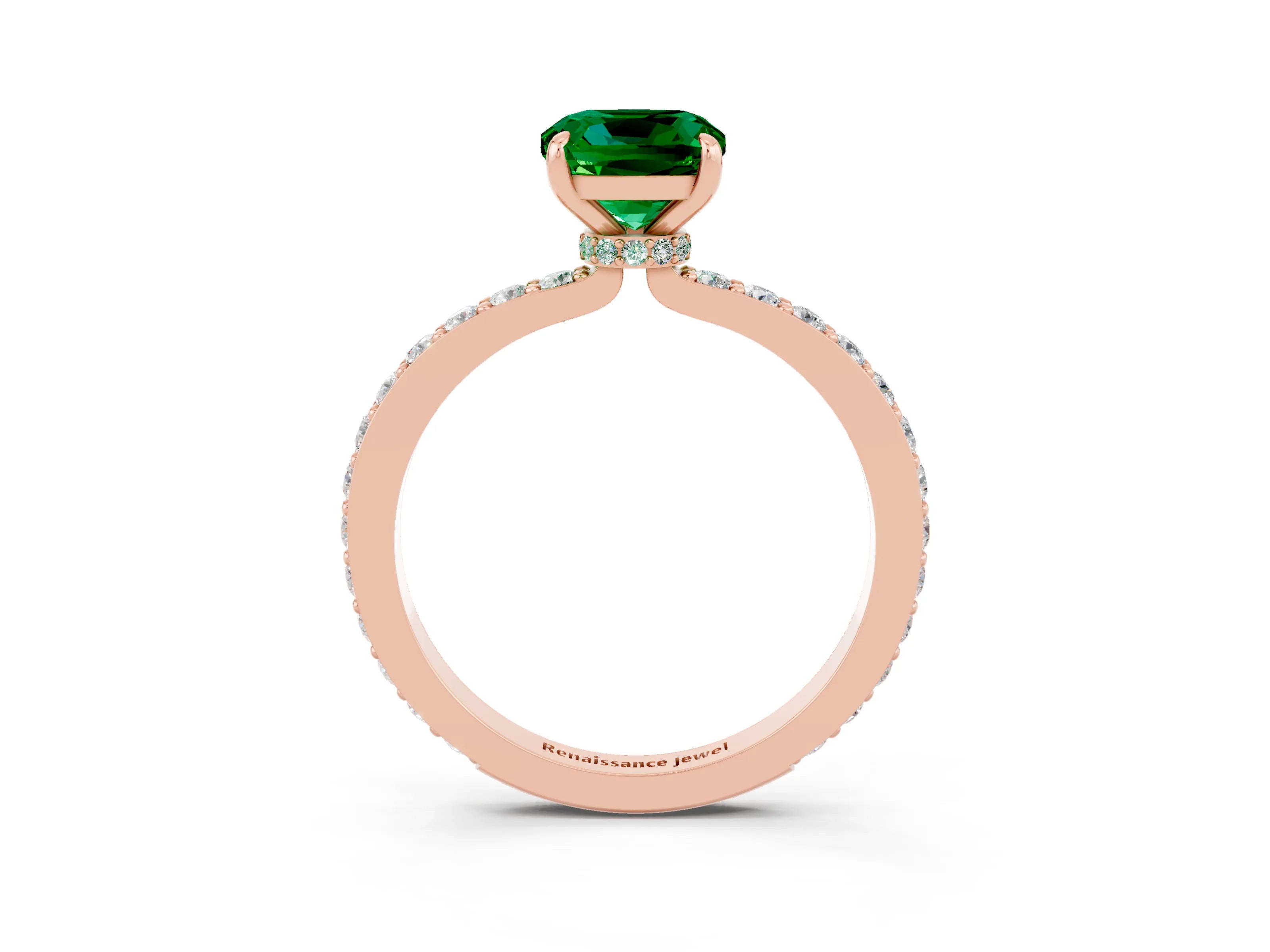 Rose gold Cushion Cut Emerald Solitaire Engagement Ring with Pavé Band and Four-Prong Setting_3