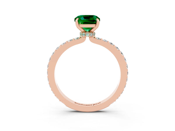 Rose gold Cushion Cut Emerald Solitaire Engagement Ring with Pavé Band and Four-Prong Setting