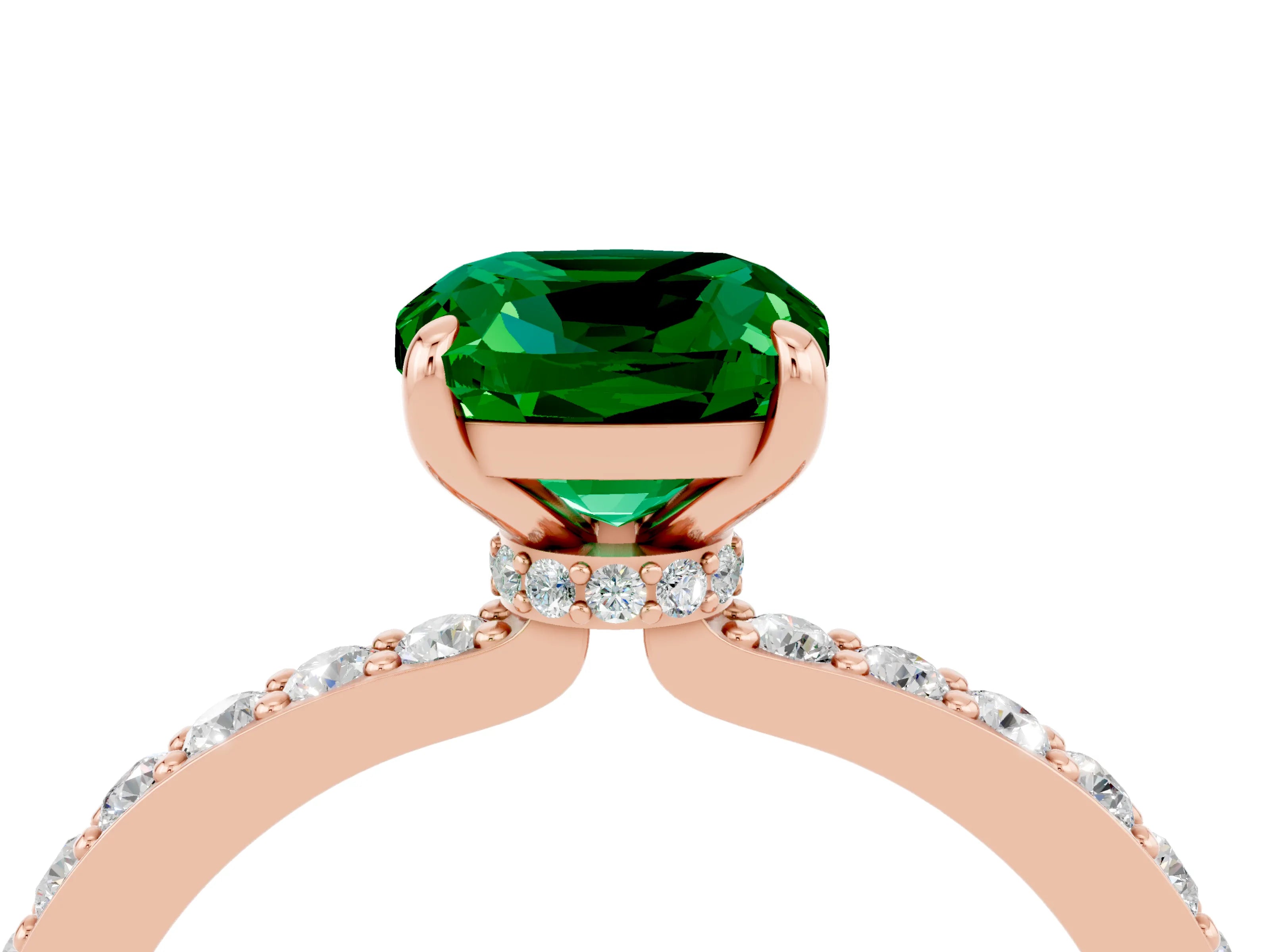 Rose gold Cushion Cut Emerald Solitaire Engagement Ring with Pavé Band and Four-Prong Setting_4