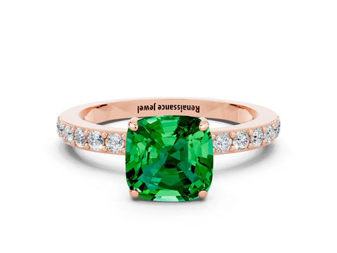 Rose gold Cushion Cut Emerald Solitaire Engagement Ring with Pavé Band and Four-Prong Setting