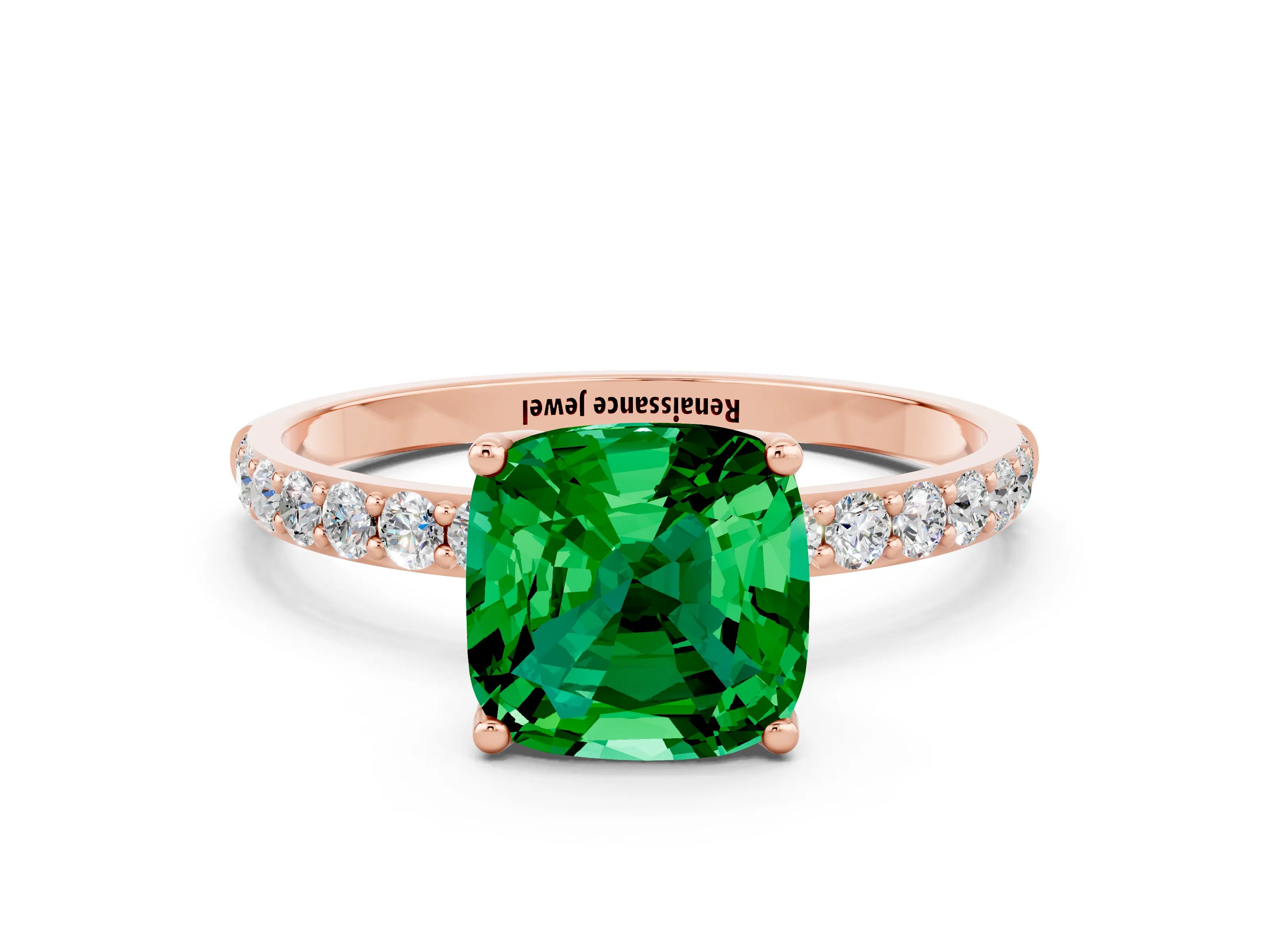 Rose gold Cushion Cut Emerald Solitaire Engagement Ring with Pavé Band and Prong Setting