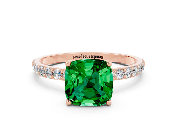 Rose gold Cushion Cut Emerald Solitaire Engagement Ring with Round  Pavé Band and Prong Setting