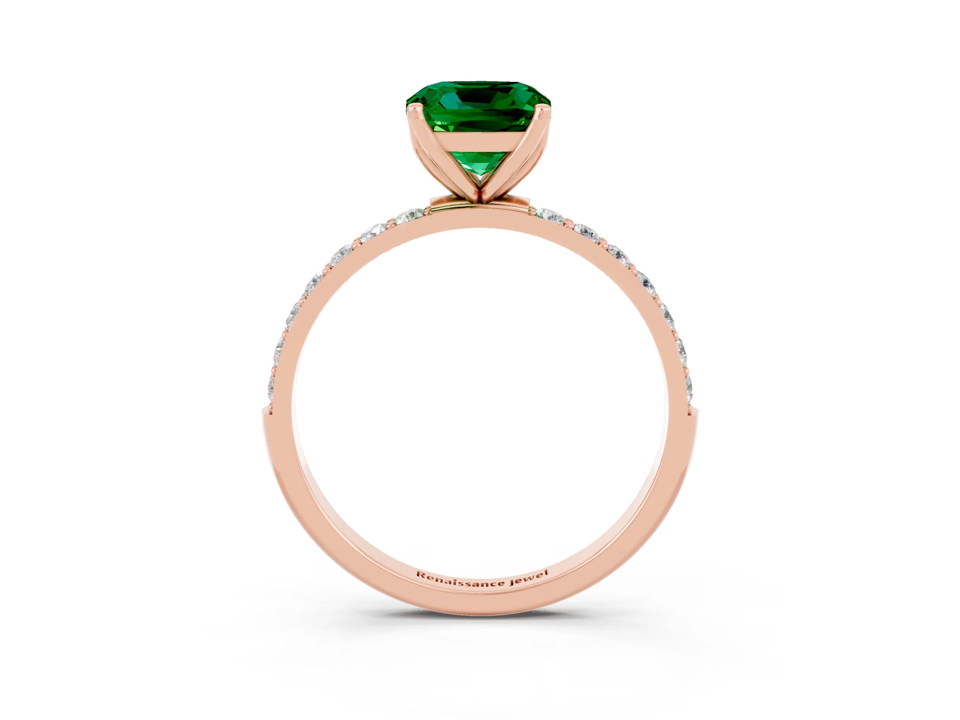 Rose gold Cushion Cut Emerald Solitaire Engagement Ring with Pavé Band and Prong Setting_3