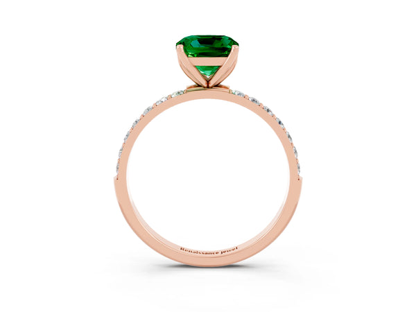 Rose gold Cushion Cut Emerald Solitaire Engagement Ring with Round  Pavé Band and Prong Setting