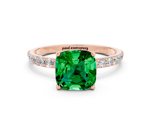 Rose gold Cushion Cut Emerald Solitaire Engagement Ring with Pavé Band and Prong Setting