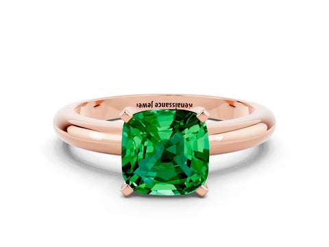 Rose gold Cushion Cut Emerald Solitaire Engagement Ring with Round Band and Four-Prong Setting