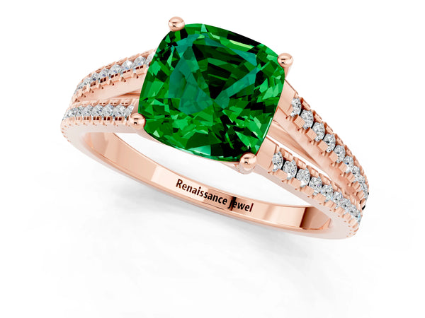 Rose gold Cushion Cut Emerald Solitaire Engagement Ring with Split Shank Pavé Band