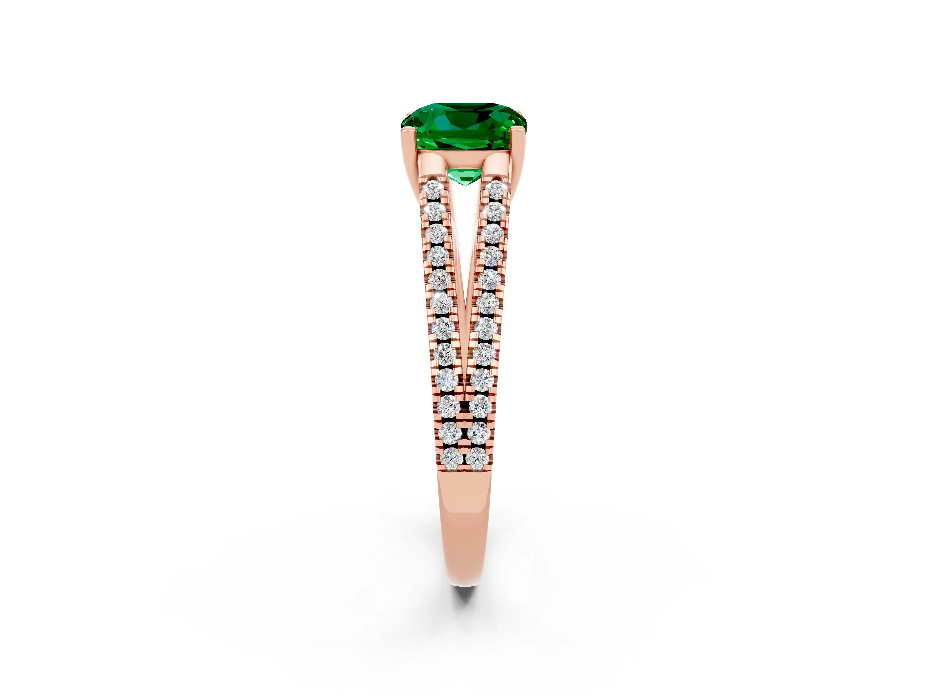 Rose gold Cushion Cut Emerald Solitaire Engagement Ring with Split Shank Pavé Band_2