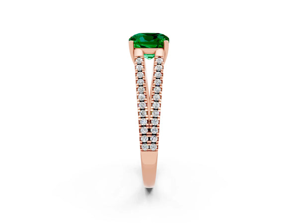 Rose gold Cushion Cut Emerald Solitaire Engagement Ring with Split Shank Pavé Band