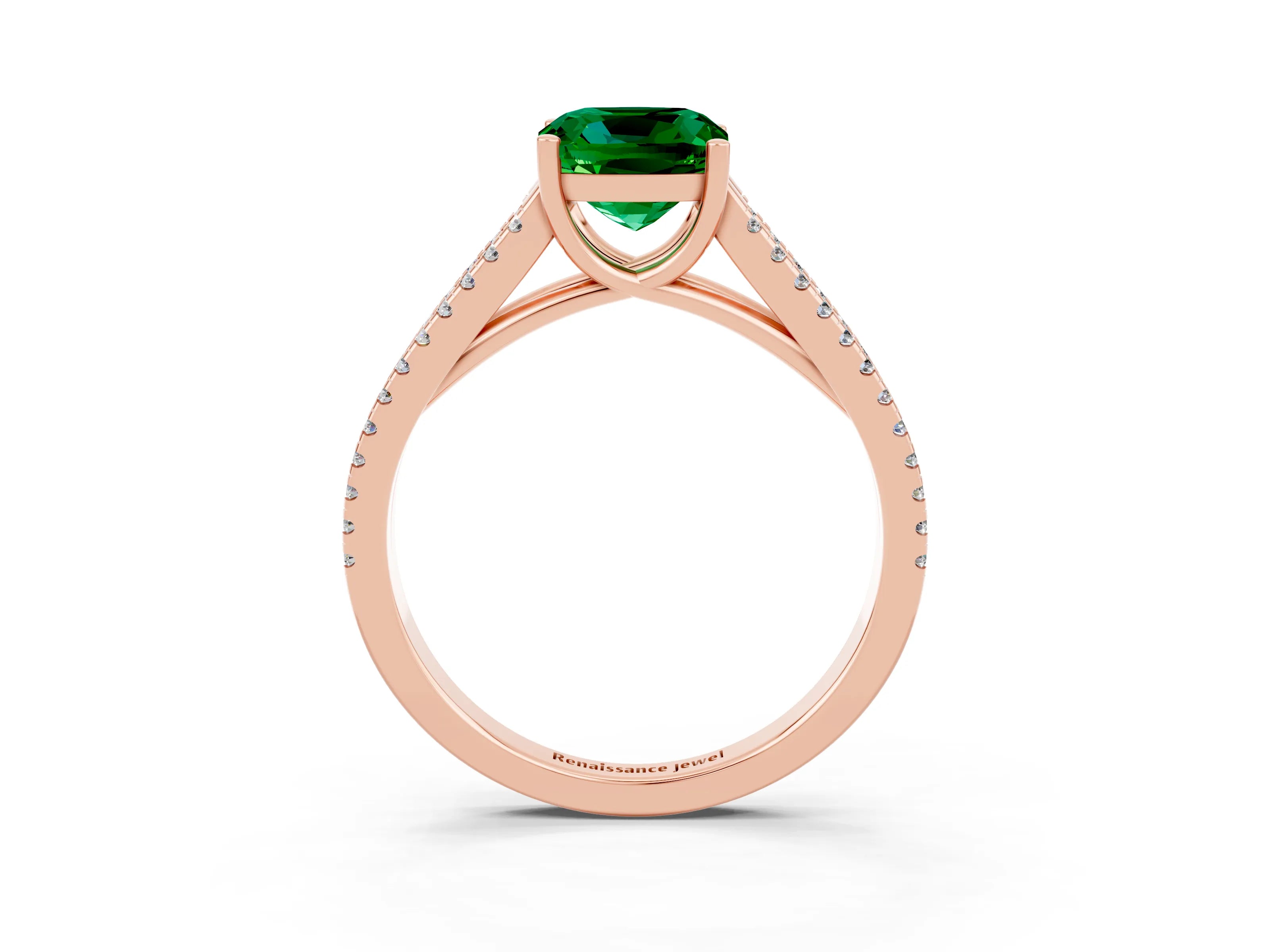 Rose gold Cushion Cut Emerald Solitaire Engagement Ring with Split Shank Pavé Band_3