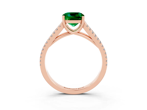 Rose gold Cushion Cut Emerald Solitaire Engagement Ring with Split Shank Pavé Band