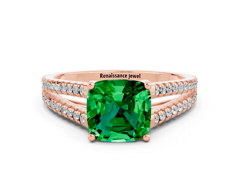 Rose gold Cushion Cut Emerald Solitaire Engagement Ring with Split Shank Pavé Band