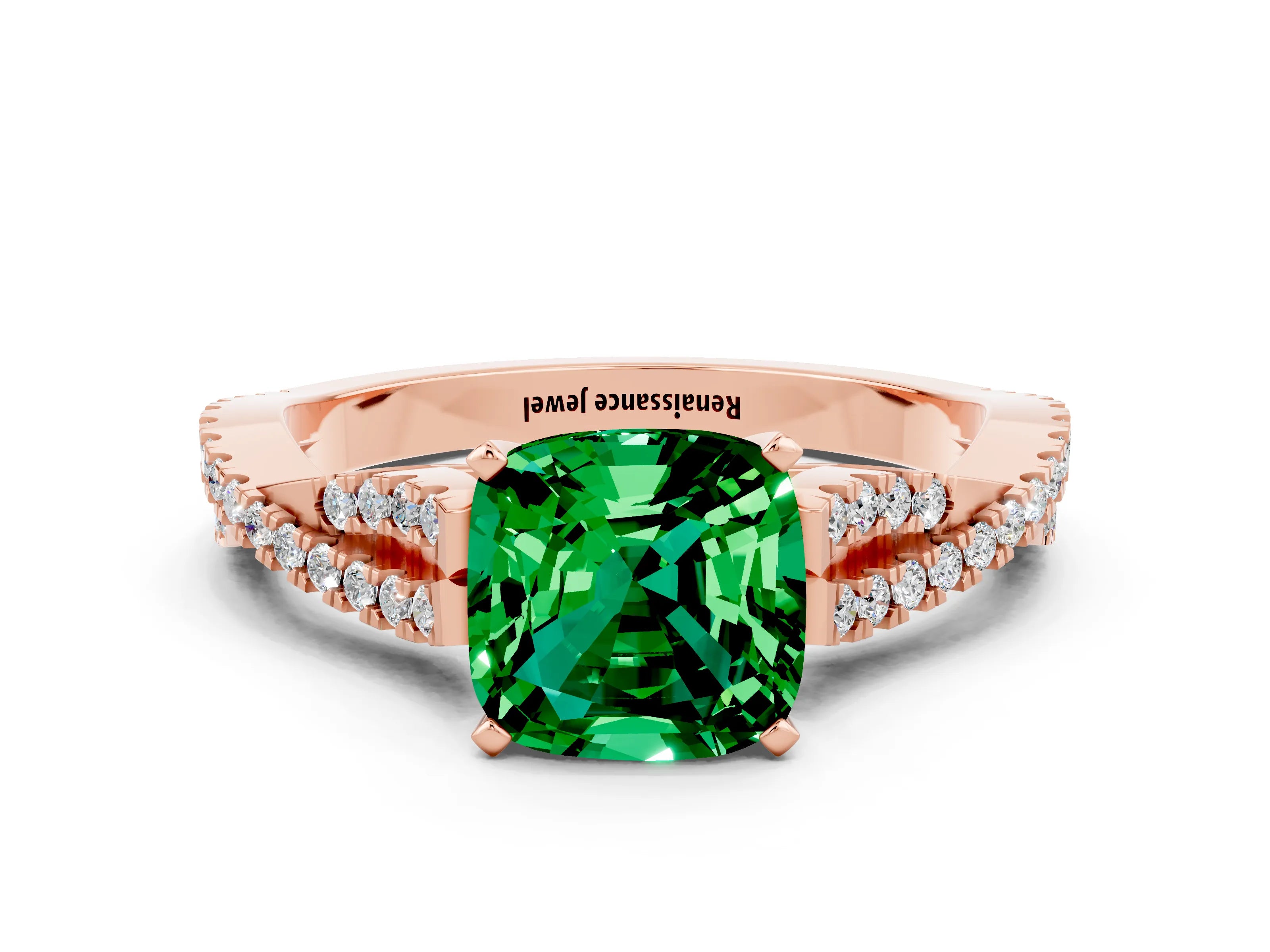 Rose gold Cushion Cut Emerald Solitaire Engagement Ring with Twisted Pavé Band and Four-Prong Setting_12
