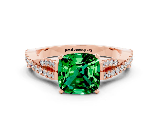 Rose gold Cushion Cut Emerald Solitaire Engagement Ring with Twisted Pavé Band and Four-Prong Setting