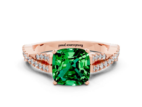 Rose gold Cushion Cut Emerald Solitaire Engagement Ring with Twisted Pavé Band and Four-Prong Setting_12