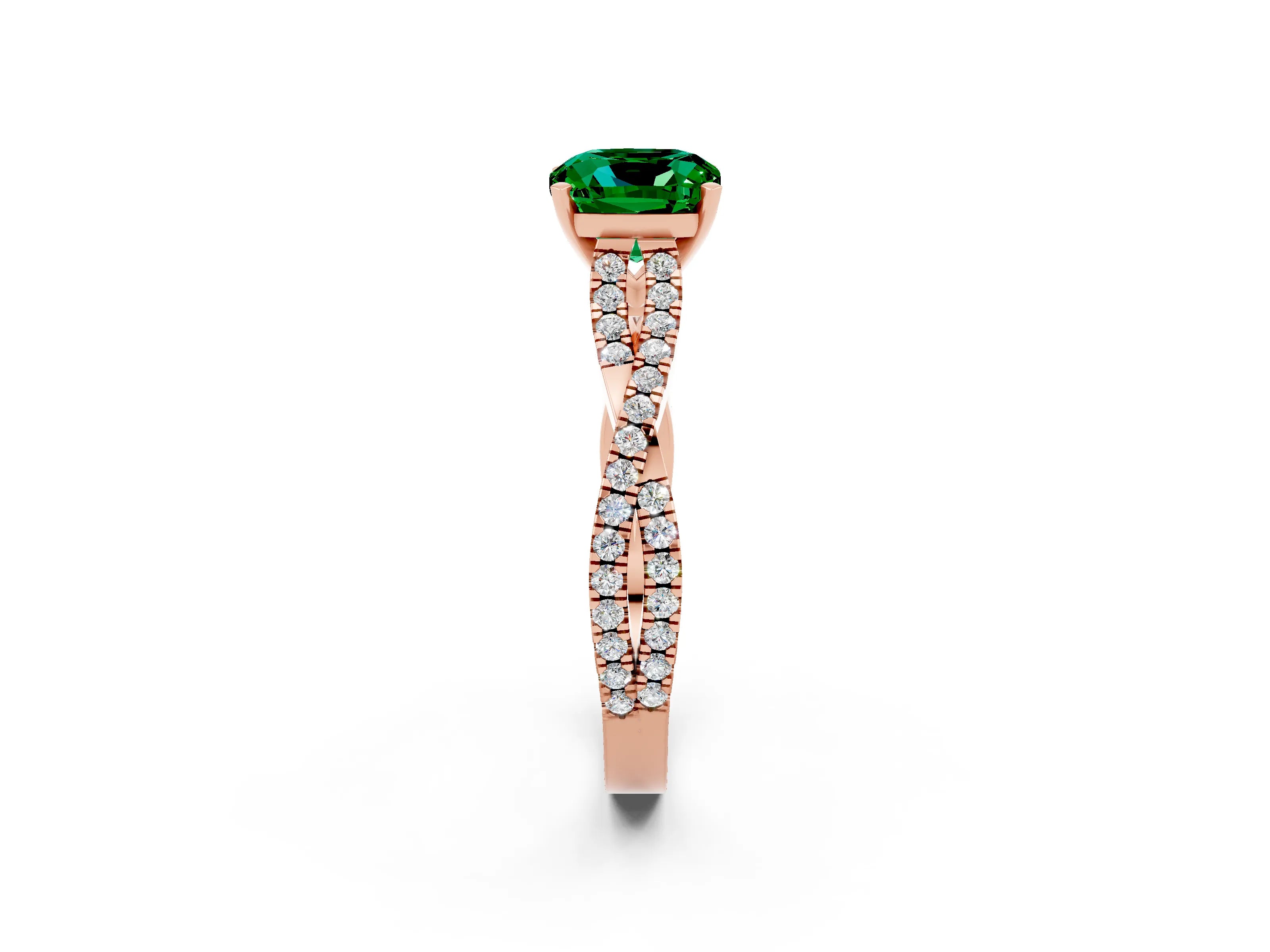 Rose gold Cushion Cut Emerald Solitaire Engagement Ring with Twisted Pavé Band and Four-Prong Setting_14