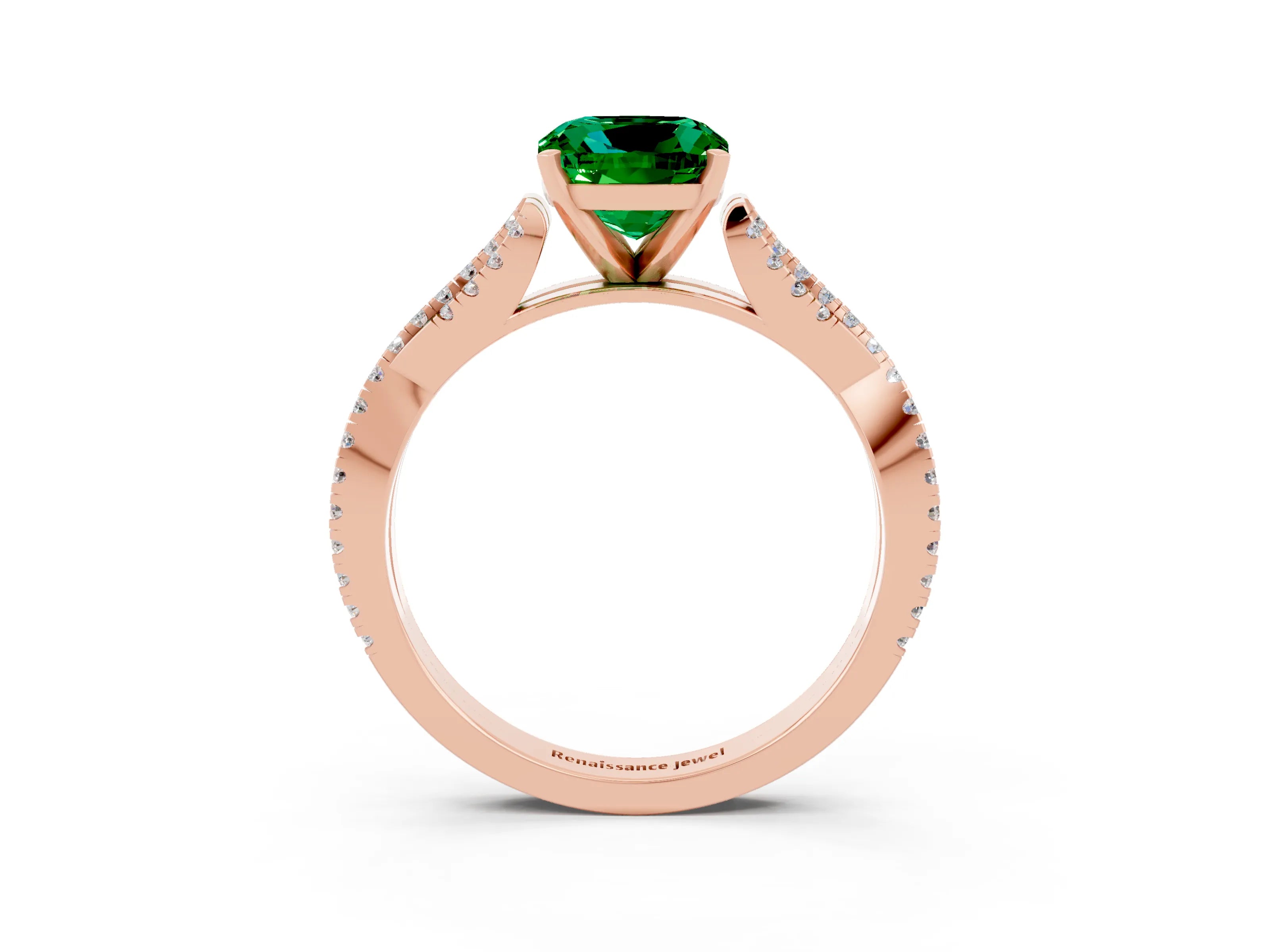 Rose gold Cushion Cut Emerald Solitaire Engagement Ring with Twisted Pavé Band and Four-Prong Setting_15