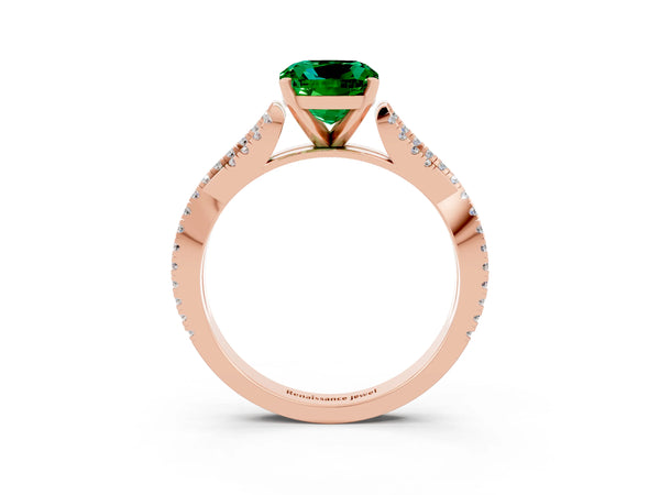 Rose gold Cushion Cut Emerald Solitaire Engagement Ring with Twisted Pavé Band and Four-Prong Setting
