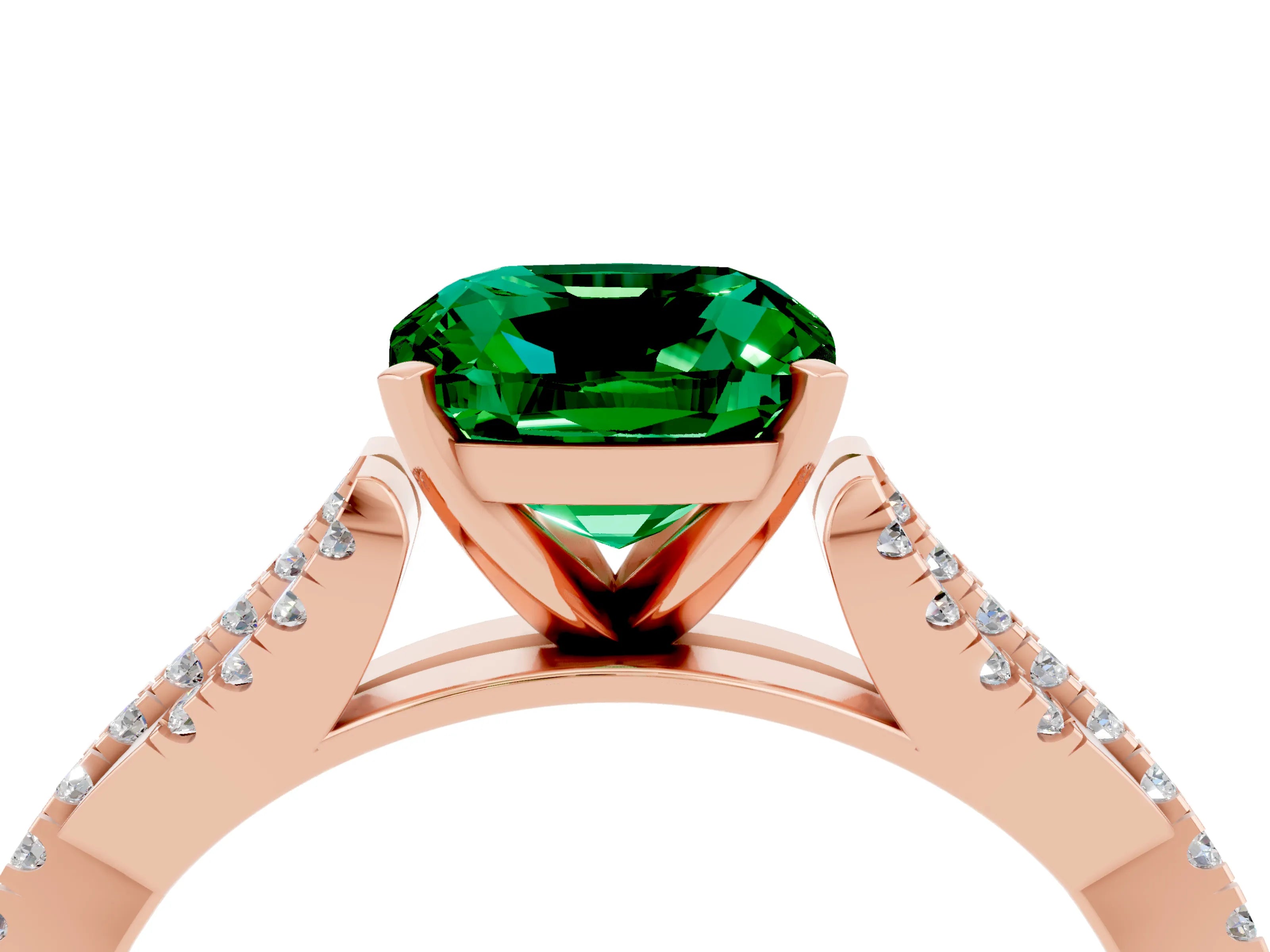 Rose gold Cushion Cut Emerald Solitaire Engagement Ring with Twisted Pavé Band and Four-Prong Setting_16