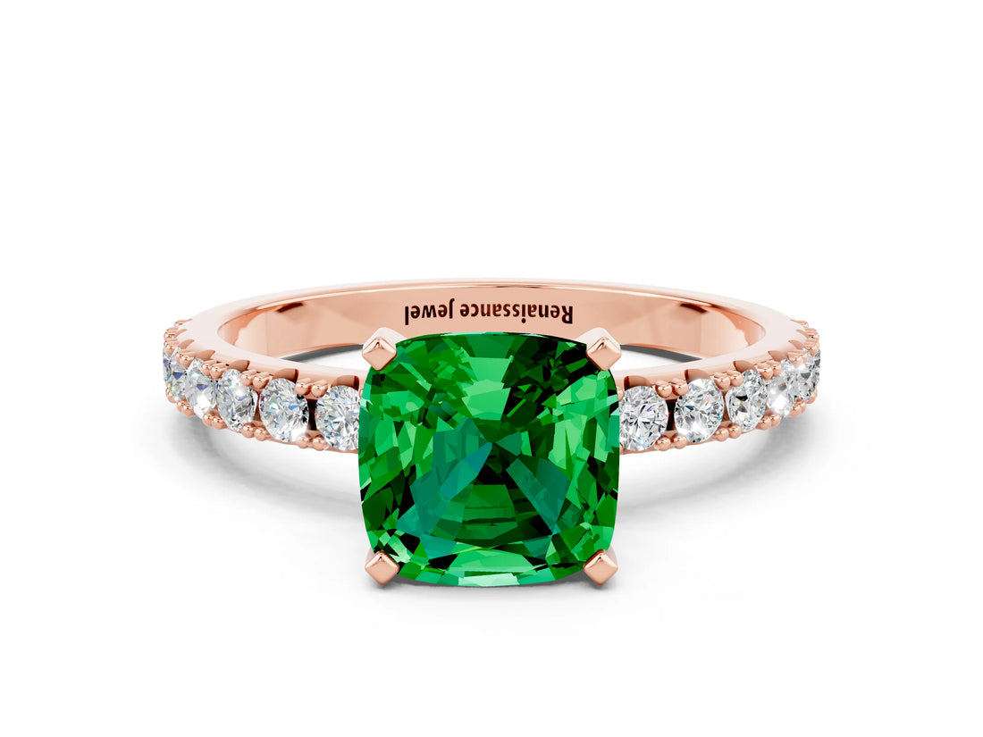 Rose gold Cushion Cut Emerald Solitaire Pavé Band with Four-Prong Setting