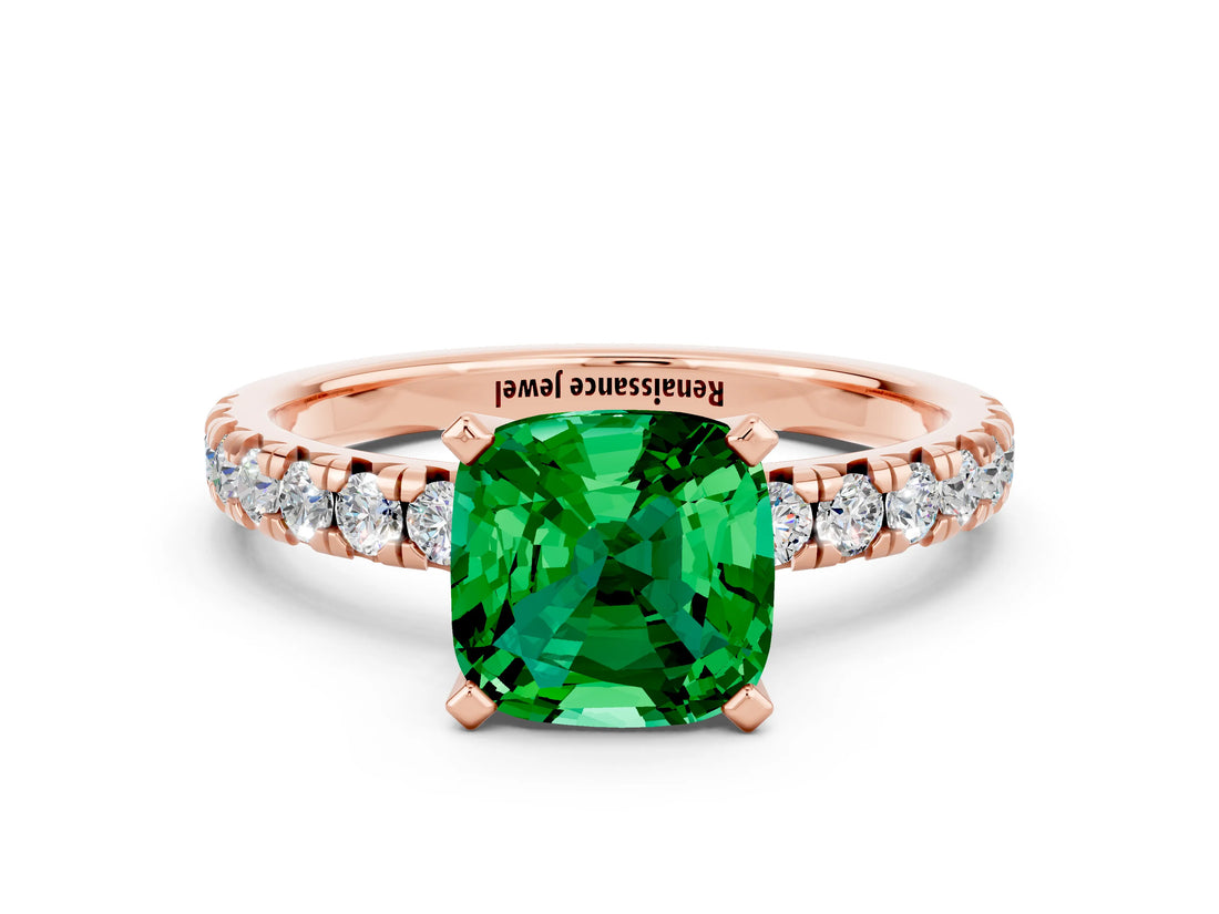 Rose gold Cushion Cut Emerald Solitaire Pavé Engagement Ring with Round Band and Prong Setting_78