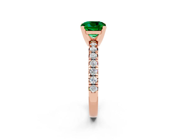 Rose gold Cushion Cut Emerald Solitaire Pavé Engagement Ring with Round Band and Prong Setting