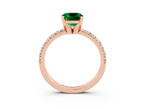 Rose gold Cushion Cut Emerald Solitaire Pavé Engagement Ring with Round Band and Prong Setting