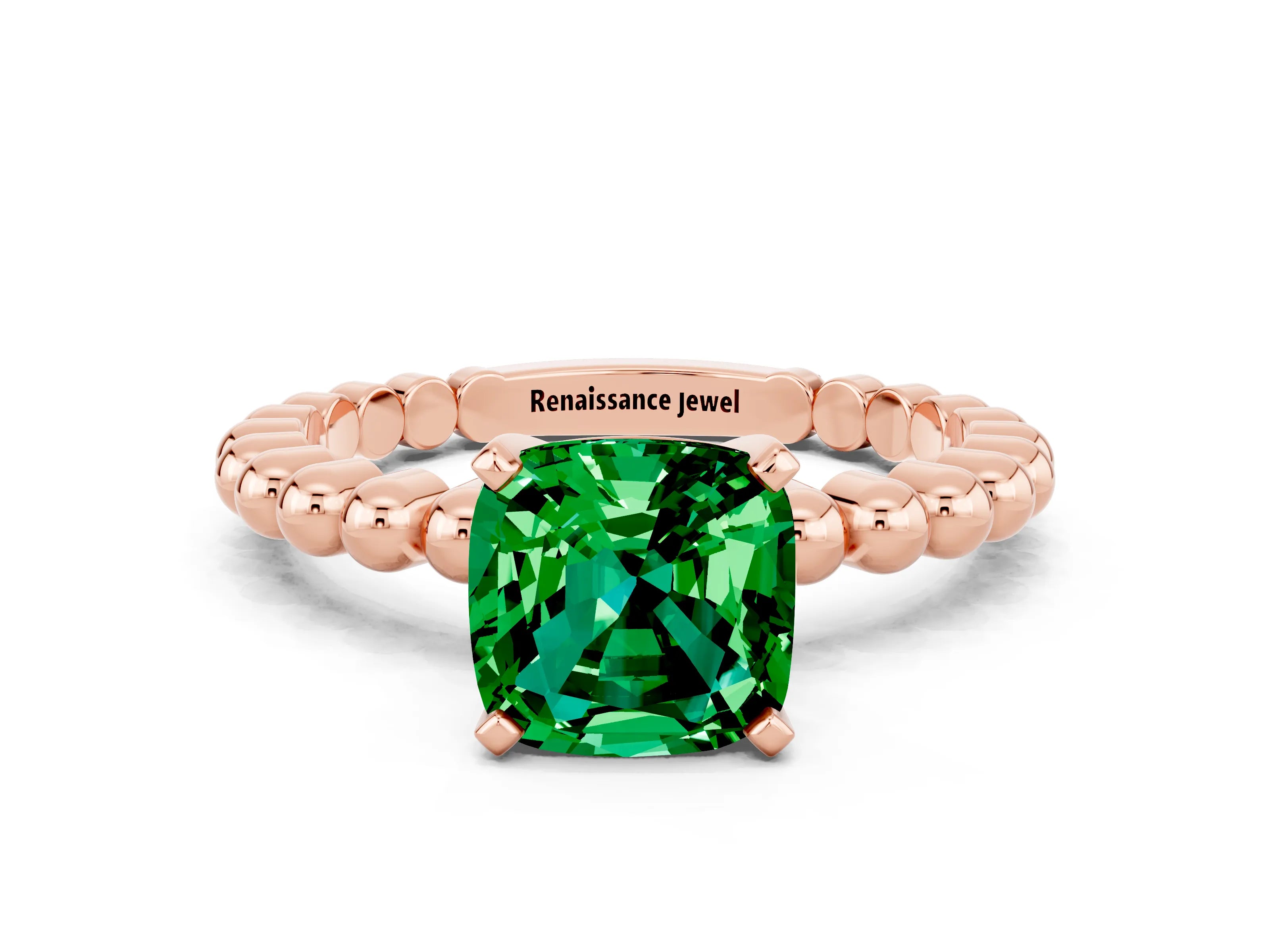 Rose gold Cushion Cut Emerald Solitaire Ring with Beaded Band and Prong Setting