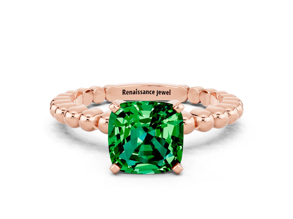 Rose gold Cushion Cut Emerald Solitaire Ring with Beaded Band and Prong Setting