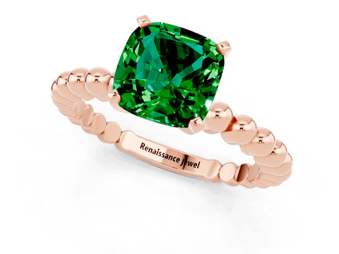 Rose gold Cushion Cut Emerald Solitaire Ring with Beaded Band and Prong Setting_1