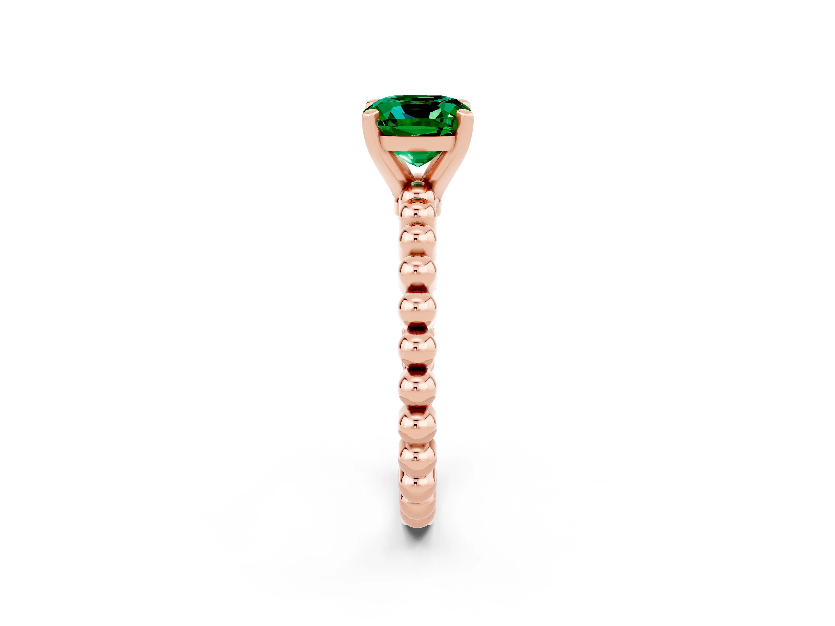 Rose gold Cushion Cut Emerald Solitaire Ring with Beaded Band and Prong Setting_2
