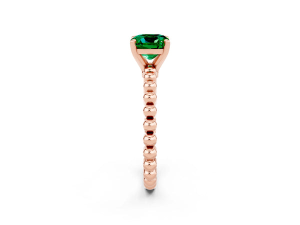 Rose gold Cushion Cut Emerald Solitaire Ring with Beaded Band and Prong Setting