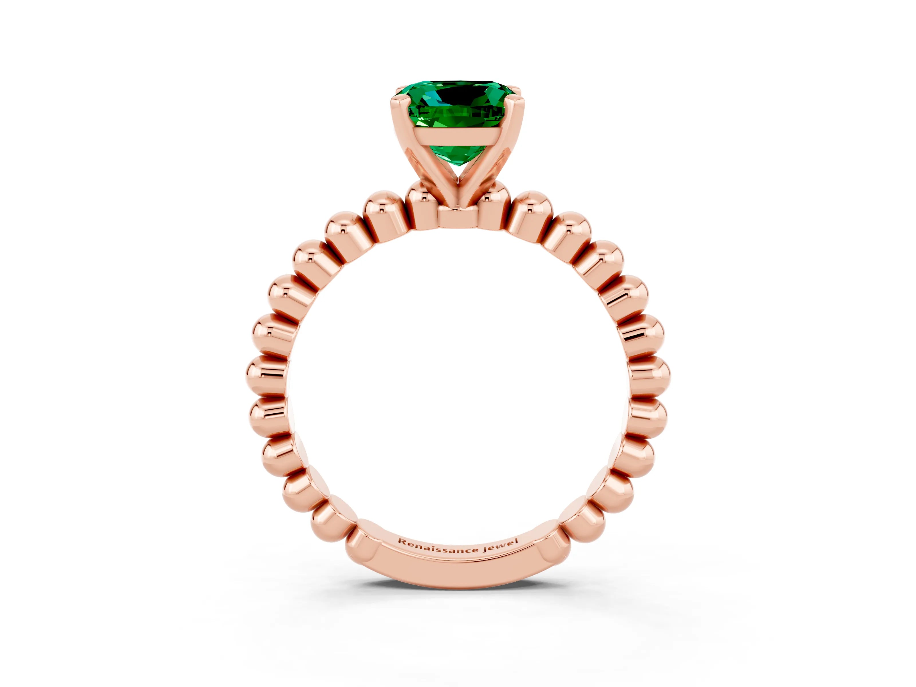 Rose gold Cushion Cut Emerald Solitaire Ring with Beaded Band and Prong Setting_3
