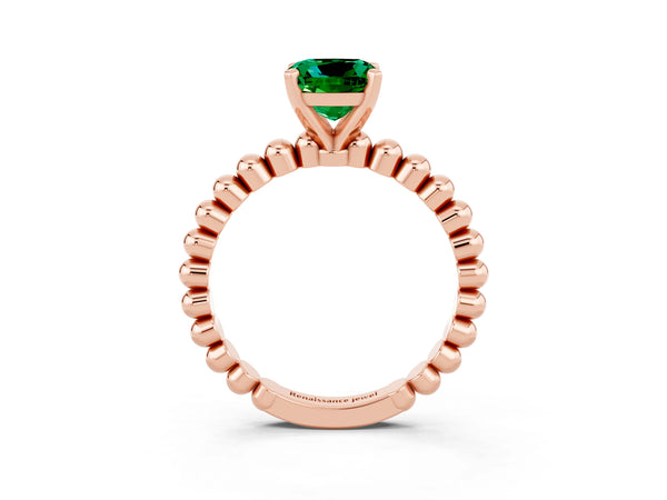Rose gold Cushion Cut Emerald Solitaire Ring with Beaded Band and Prong Setting