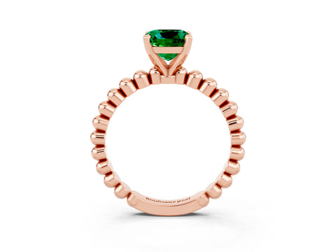 Rose gold Cushion Cut Emerald Solitaire Ring with Beaded Band and Prong Setting_3
