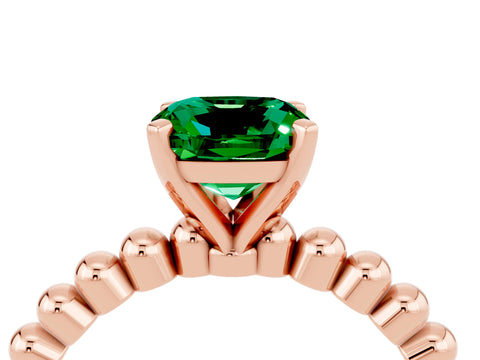 Rose gold Cushion Cut Emerald Solitaire Ring with Beaded Band and Prong Setting_4