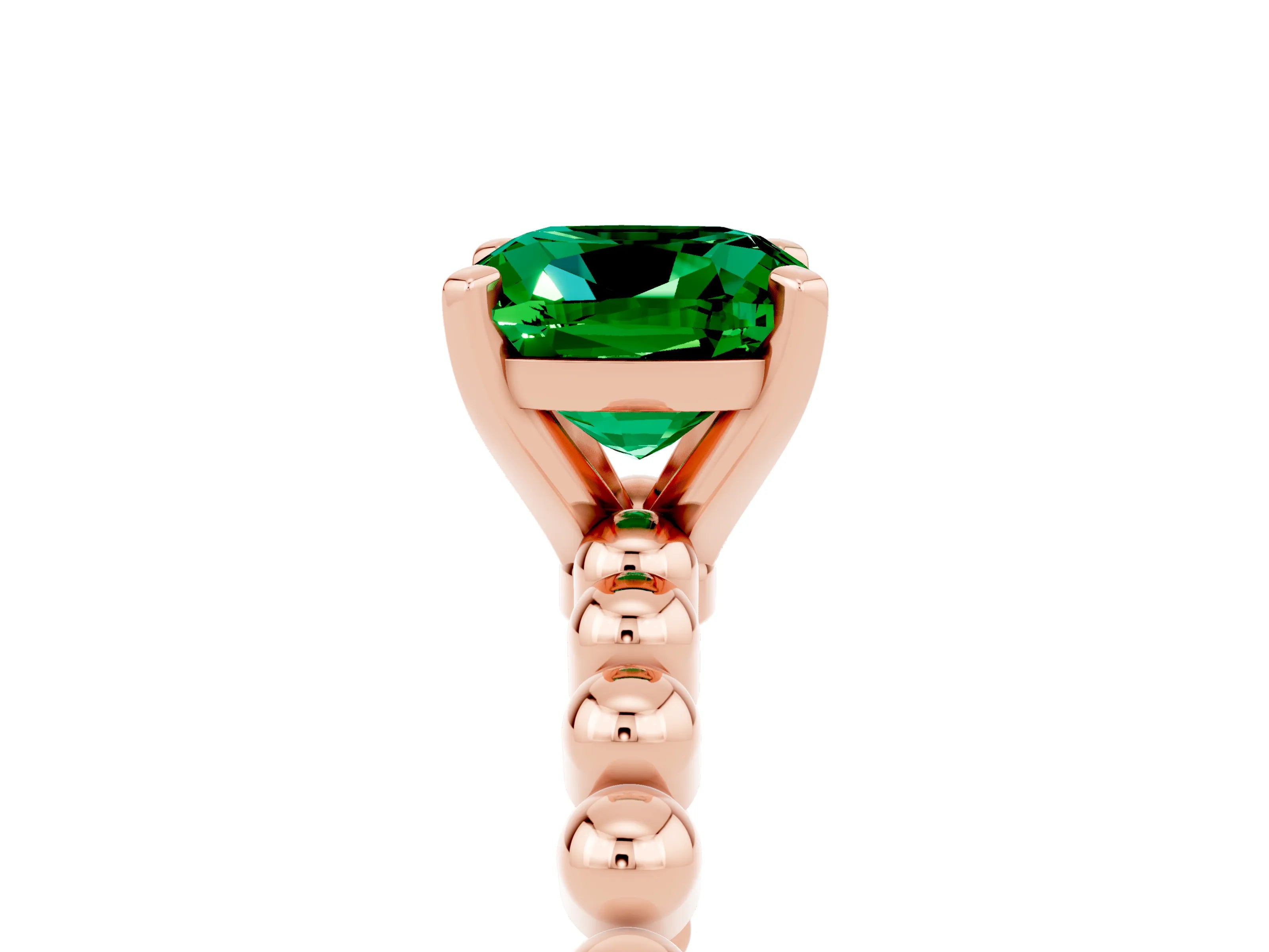 Rose gold Cushion Cut Emerald Solitaire Ring with Beaded Band and Prong Setting_5