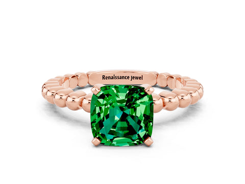 Rose gold Cushion Cut Emerald Solitaire Ring with Beaded Band and Prong Setting