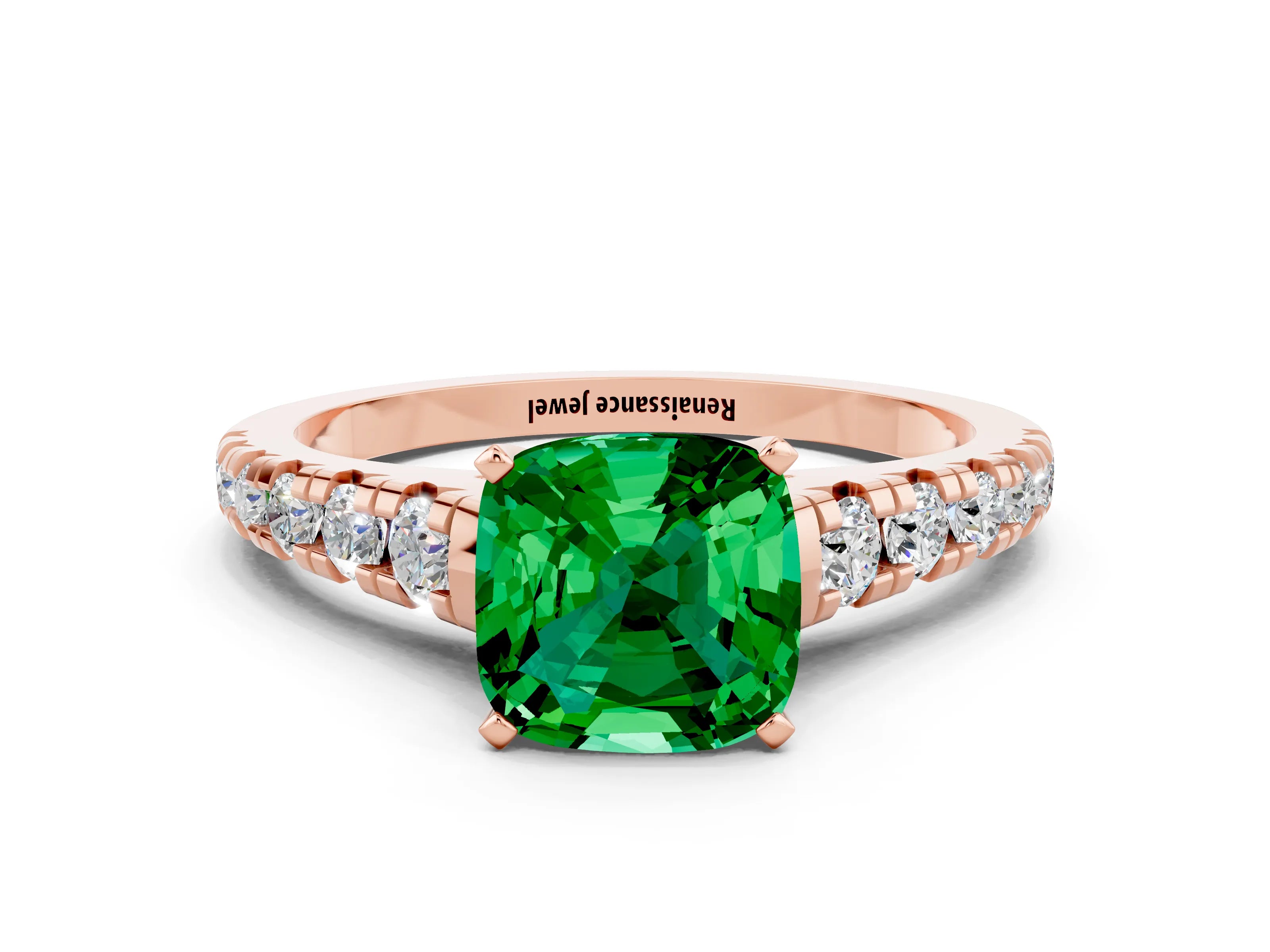 Rose gold Cushion Cut Emerald Solitaire Ring with Cathedral Setting and Pavé Band