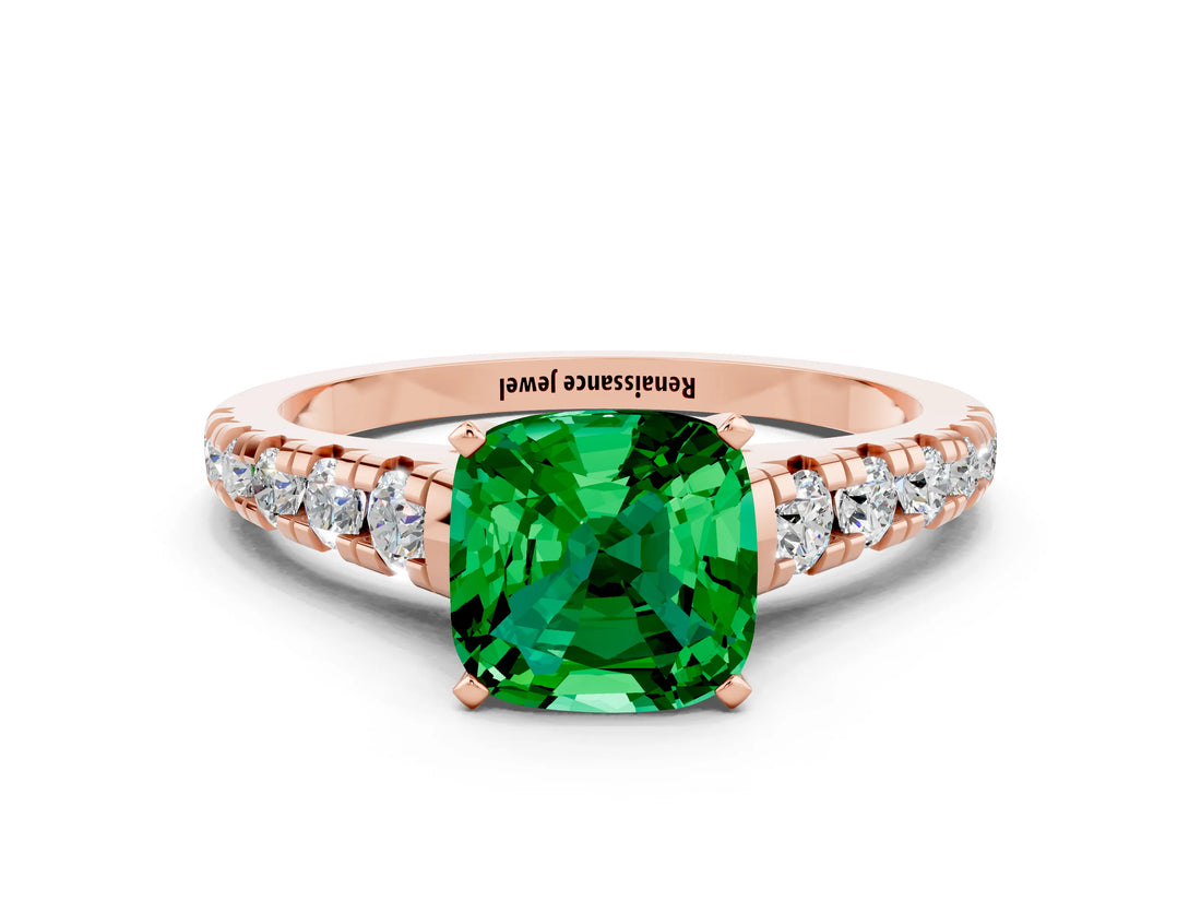 Rose gold Cushion Cut Emerald Solitaire Ring with Cathedral Setting and Pavé Band