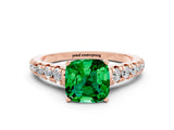 Rose gold Cushion Cut Emerald Solitaire Ring with Cathedral Setting and Pavé Band