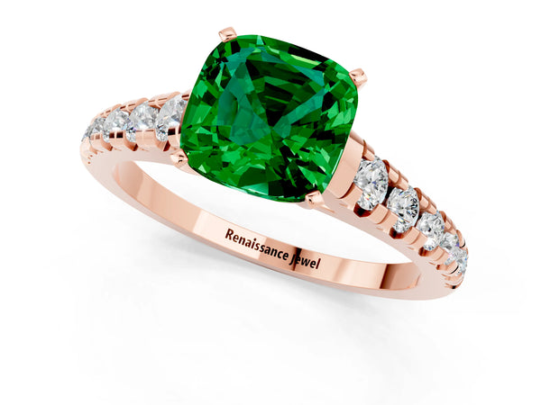 Rose gold Cushion Cut Emerald Cathedral Solitaire Ring with Round  Pavé Band