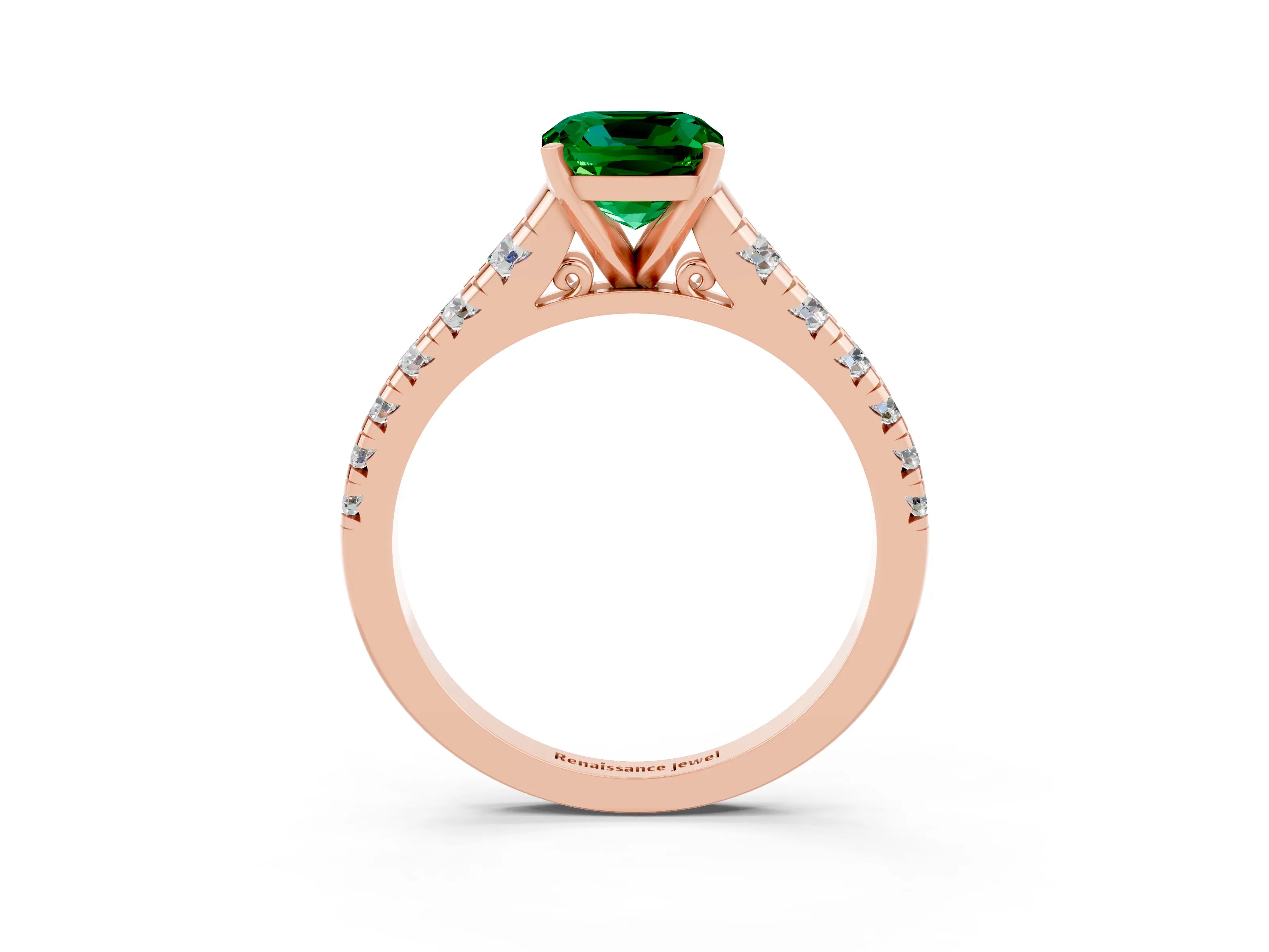 Rose gold Cushion Cut Emerald Solitaire Ring with Cathedral Setting and Pavé Band_3