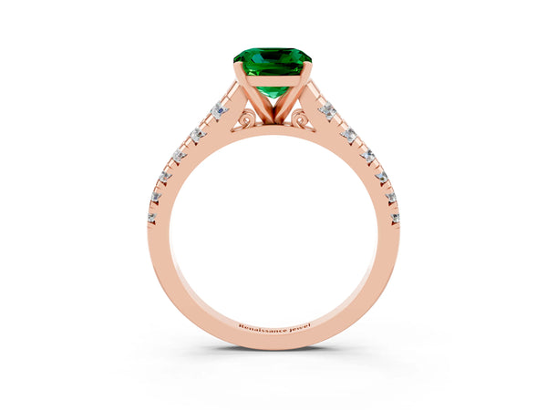 Rose gold Cushion Cut Emerald Cathedral Solitaire Ring with Round  Pavé Band