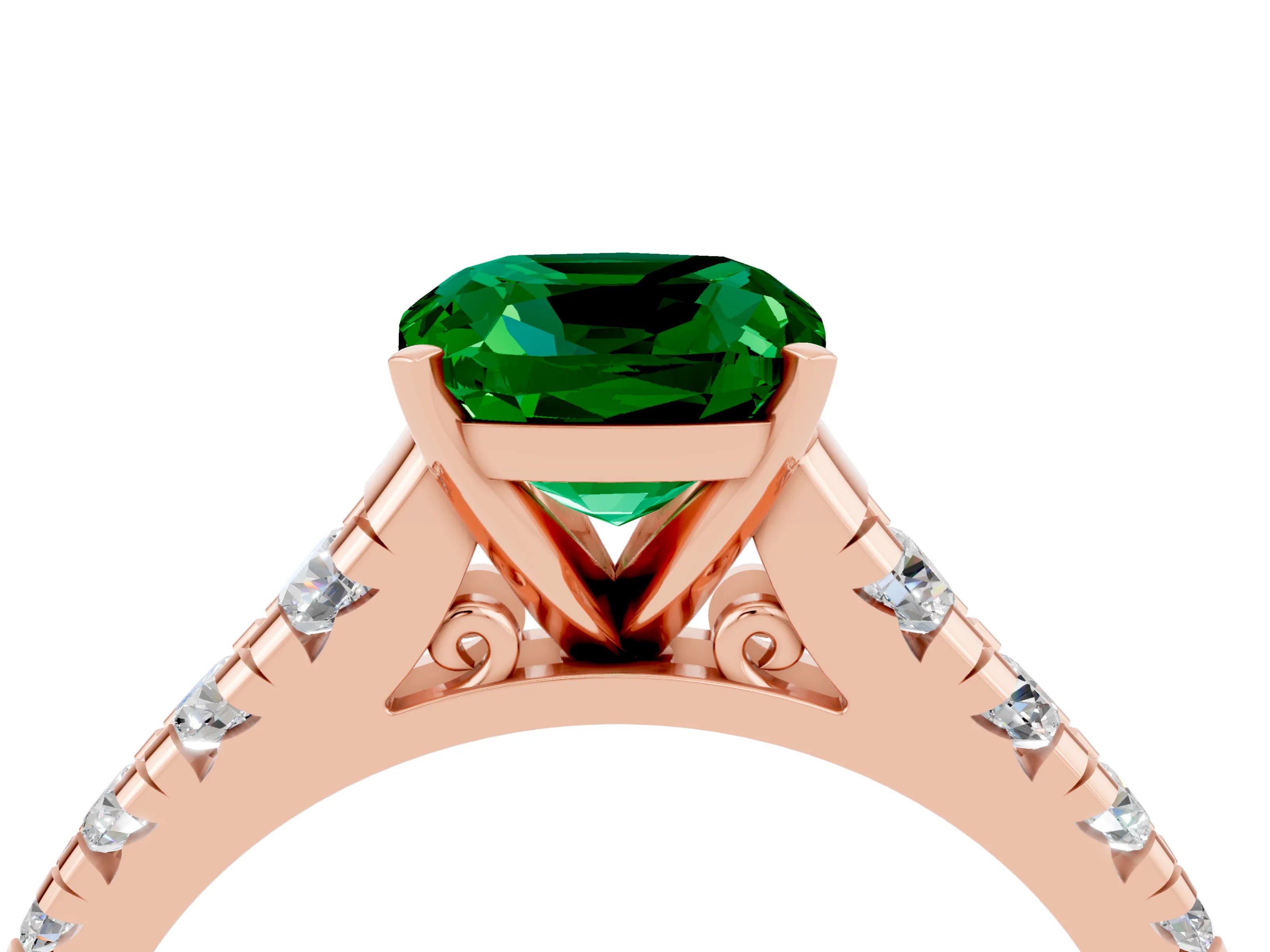 Rose gold Cushion Cut Emerald Solitaire Ring with Cathedral Setting and Pavé Band_4